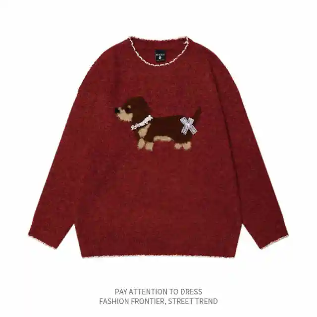Milk Blue Sausage Dog Jacquard Round Neck Sweater Red - Shop at LoveMi