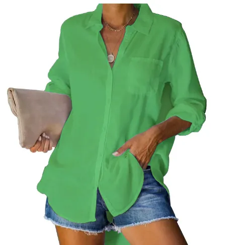 Commuter Lapel Long Sleeve Solid Single Breasted Cardigan Shirt Green - Shop at LoveMi