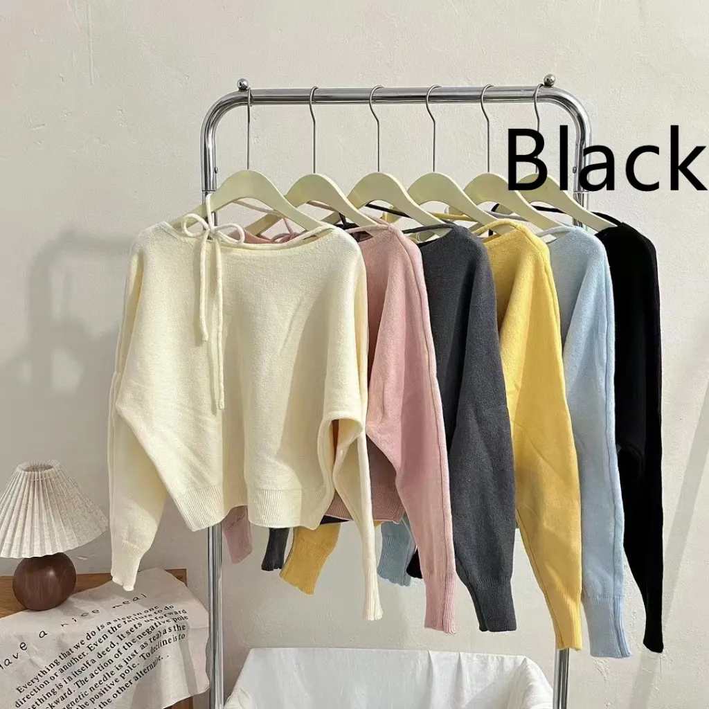 Simple Fashion Design Halter Tied Long Sleeves Sweater - Black