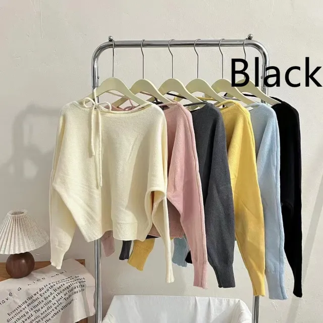 Simple Fashion Design Halter Tied Long Sleeves Sweater Black - Shop at LoveMi