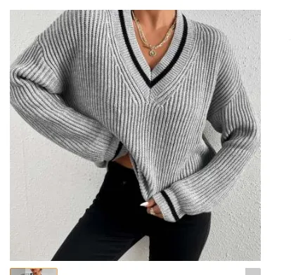 Casual Patchwork Contrast Color Loose Long Sleeve Women's Sweater Grey - Shop at LoveMi