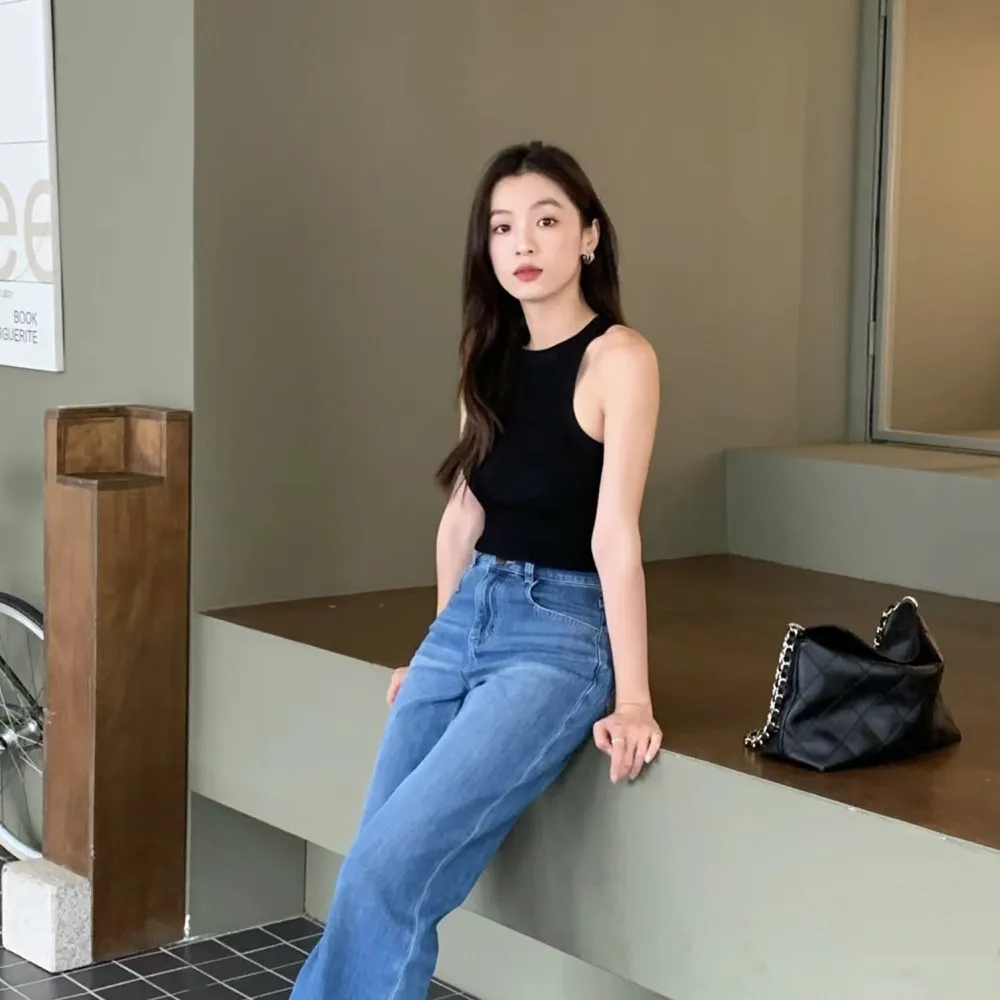 Black Halter Knitted Vest Short Sleeveless Top - Black