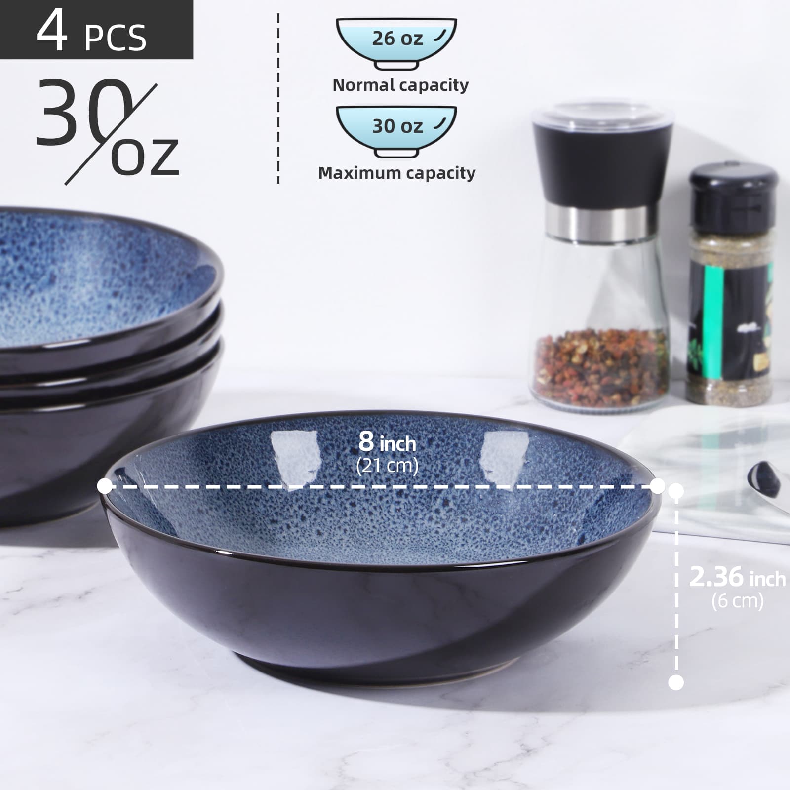 Creative Western Kiln Change Peacock Blue Bowl 30oz Bowl Set Of 4 For Cereal, Salad, Pasta, Soup, Dessert, Serving Dishwasher, Microwave And Oven - 5