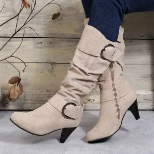 High Tube Below The Knee Round Head Buckle Women Boots Beige - Shop at LoveMi