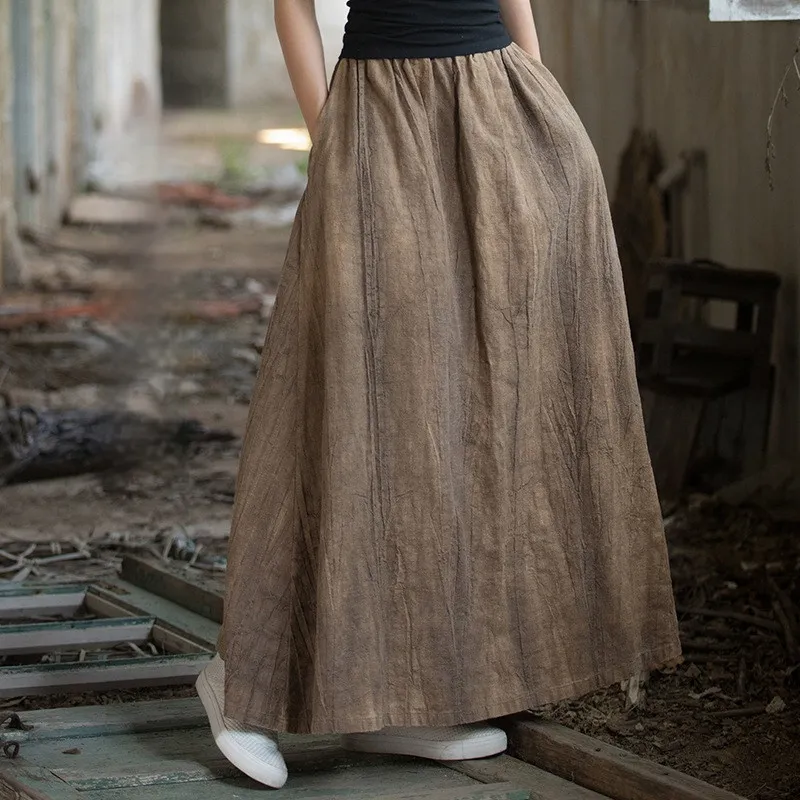 Retro Women's Elastic Waist A- Line Skirt Tie-dyed Distressed - Brown