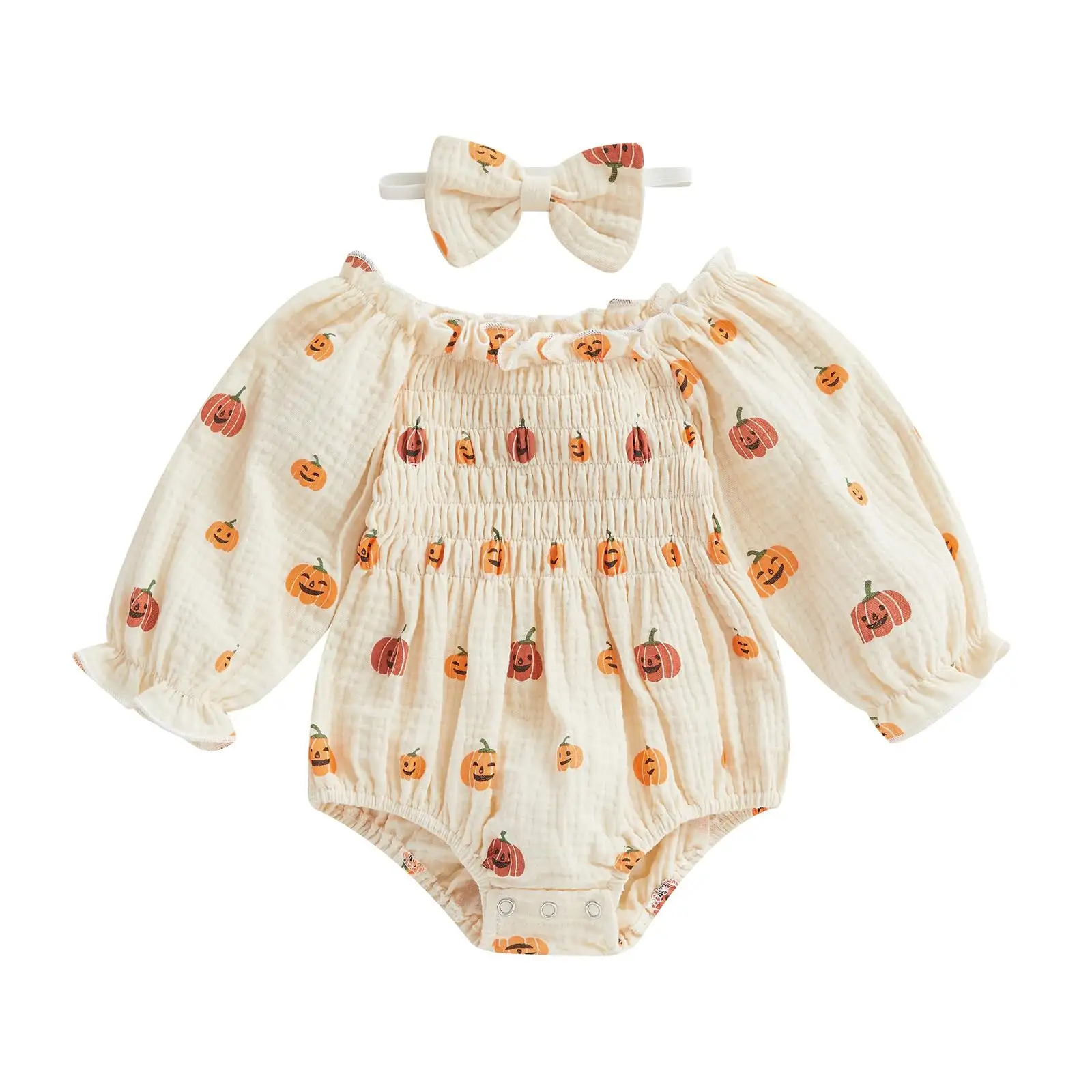 Halloween Pumpkin Printed Jumpsuit Scarf Two-piece Set