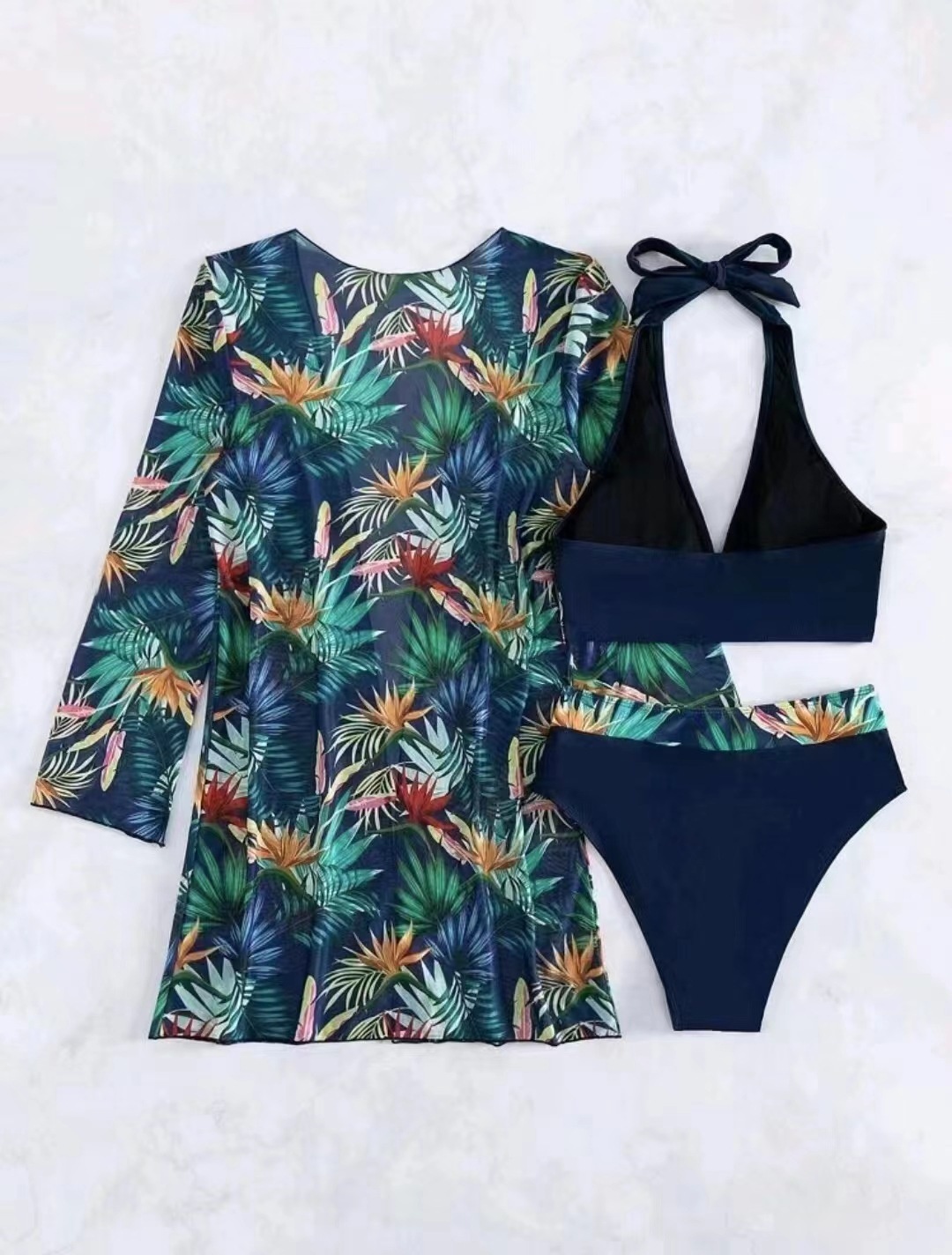 Title 2, New Bikini Mesh Three-piece Printed Swimsuit