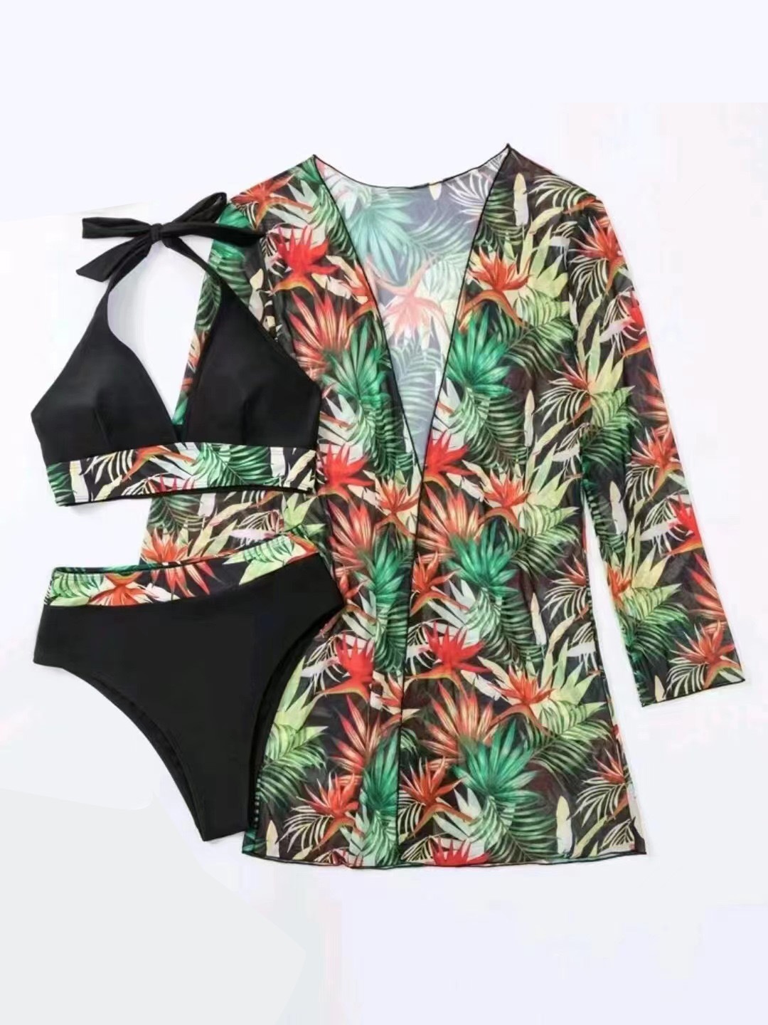 Title 7, New Bikini Mesh Three-piece Printed Swimsuit