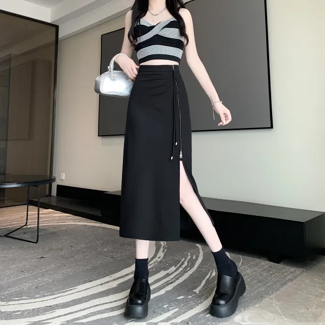 Irregular Slit Pleated Mid length High Waist Sheath A Line Skirt Black - Shop at LoveMi