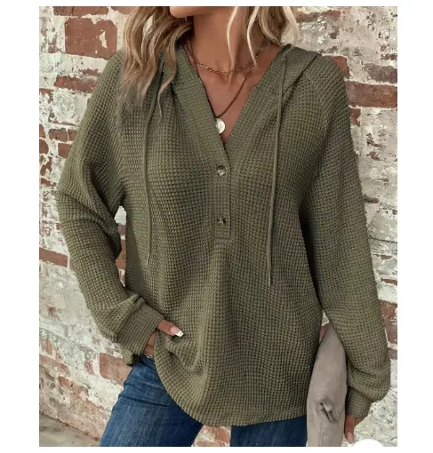 Solid Color Hooded Button Loose Long Sleeve Sweatershirt Army Green - Shop at LoveMi