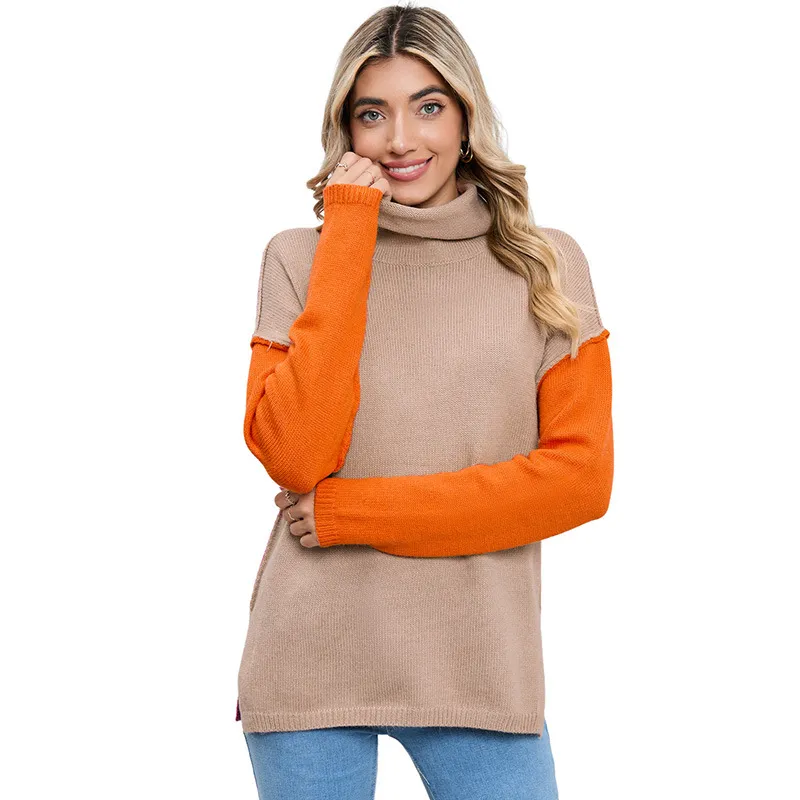 Women's Stitching Fashion Knitwear Turtleneck Pullover - Khaki