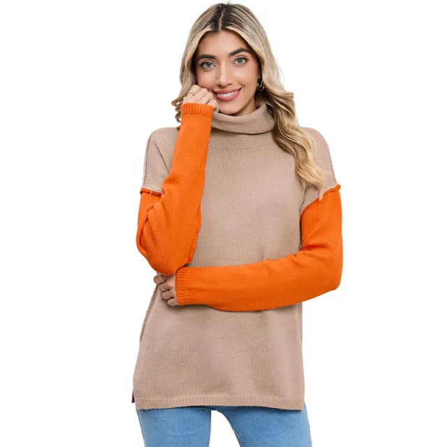 Women's Stitching Fashion Knitwear Turtleneck Pullover Khaki - Shop at LoveMi
