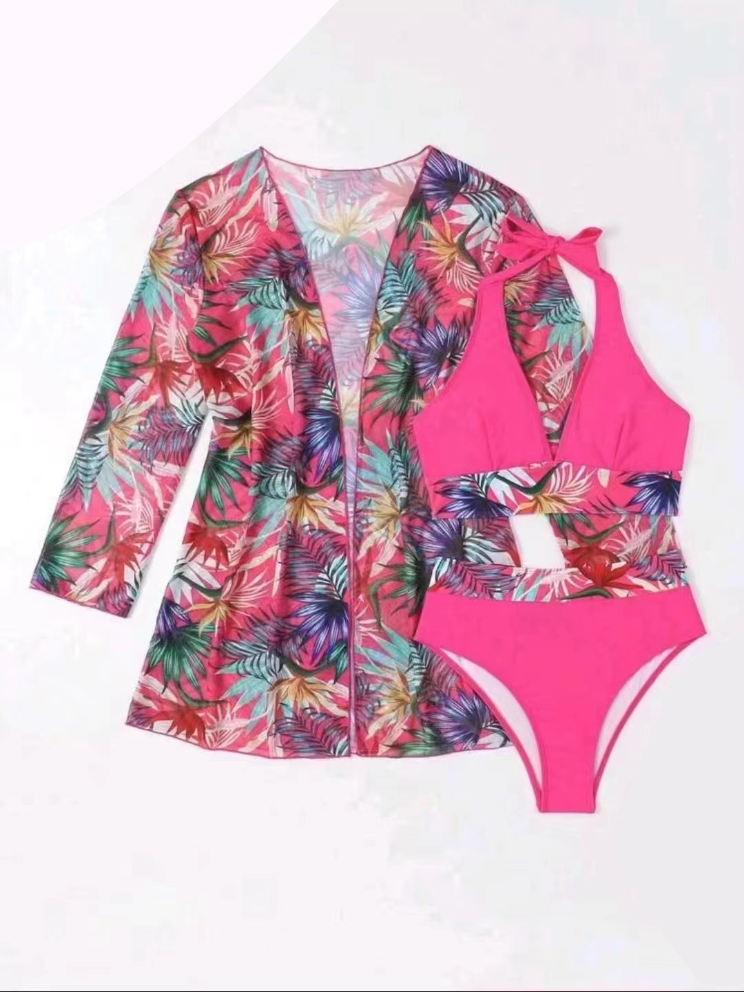 Title 8, New Bikini Mesh Three-piece Printed Swimsuit