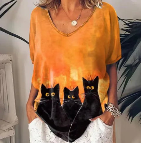 Women's Casual Short Sleeve V-Neck Cat 3D Print Top - Att230419E-3Xl