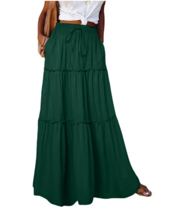 Women's Elastic High Waist A Line Pleated Casual Maxi Dress Green - Shop at LoveMi