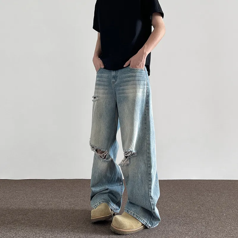 Wide Leg Straight Cat Beard Water Washed Hole Jeans - Blue