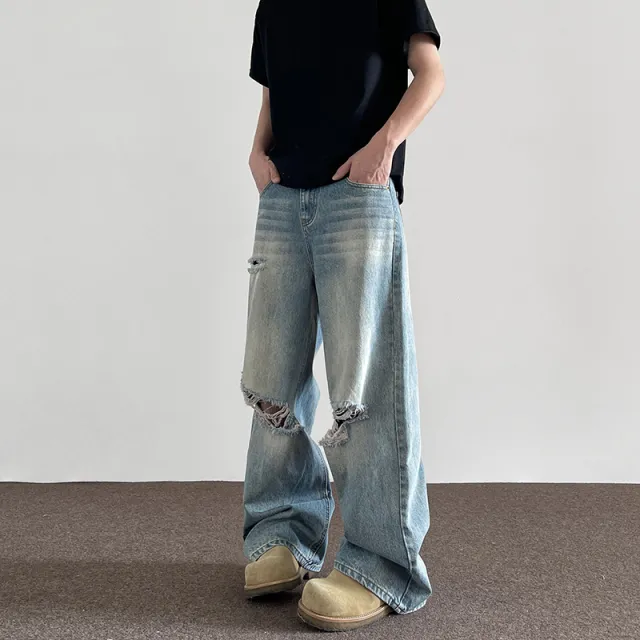Wide Leg Straight Cat Beard Water Washed Hole Jeans Blue - Shop at LoveMi
