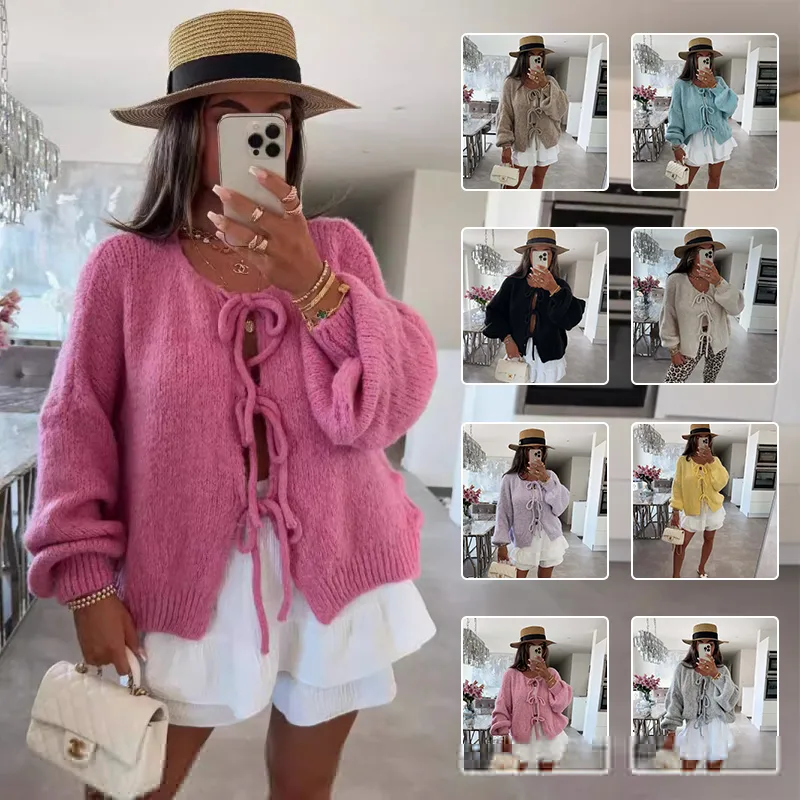 Casual Knitted Bow Lace Up Cardigan Women Solid O-neck