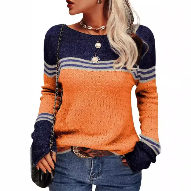 Foreign Trade Crocheted Long sleeved Top Striped Color block Crew Neck Knitted Sweater Orange - Shop at LoveMi
