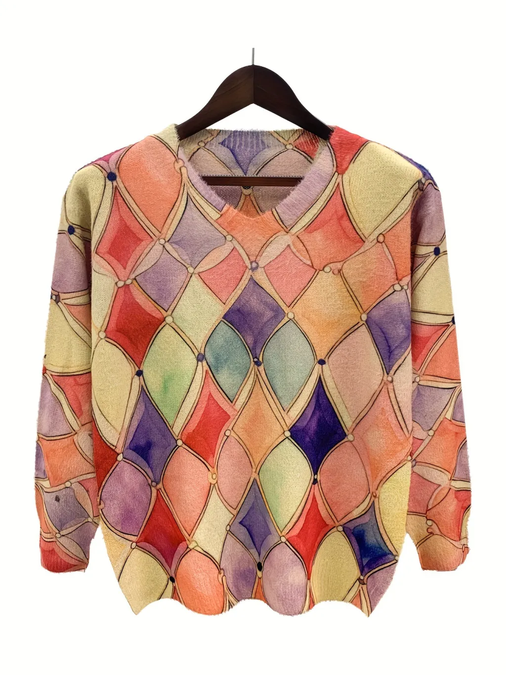 Women's Rhombus Prints V-neck Long-sleeved Sweater - Mixed Color