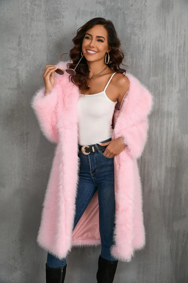 Thickened Long Section Suit Collar Mid length Plush Fur Coat Pink - Shop at LoveMi