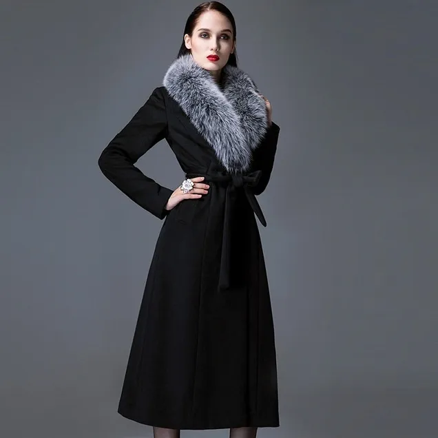 Real Fox Fur Collar Wool Overcoat Super Long Waist - Black