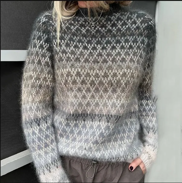 Women's Round Neck Multicolor Loose Fashion Pullover Sweater - Grey - View 1