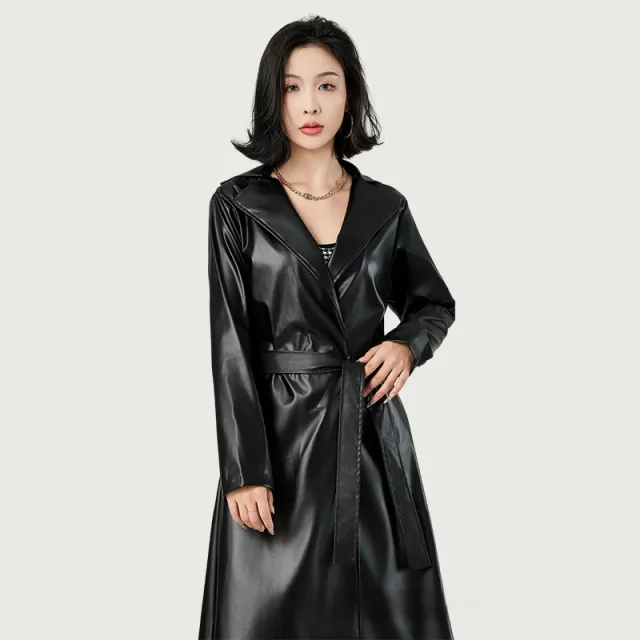 Extra Long Bathrobe Leather Wind Coat Women's Leather Jacket 016 Black - Shop at LoveMi