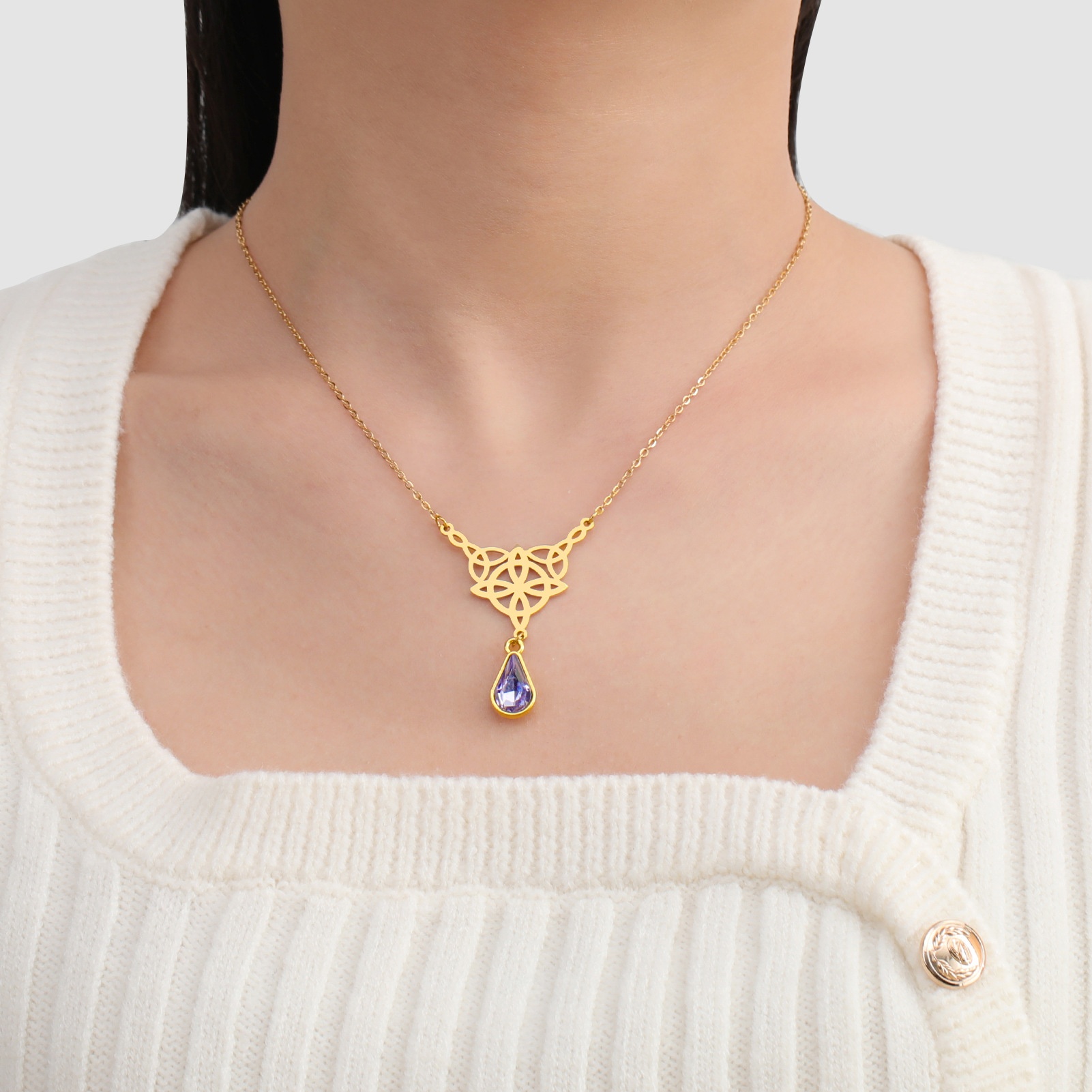 Double Knot Four Petal Leaf Titanium Steel Crystal Necklace