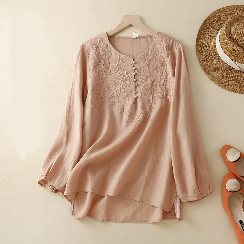 Embroidered Loose Artistic Vintage Women's Cotton Linen Shirt - Orange