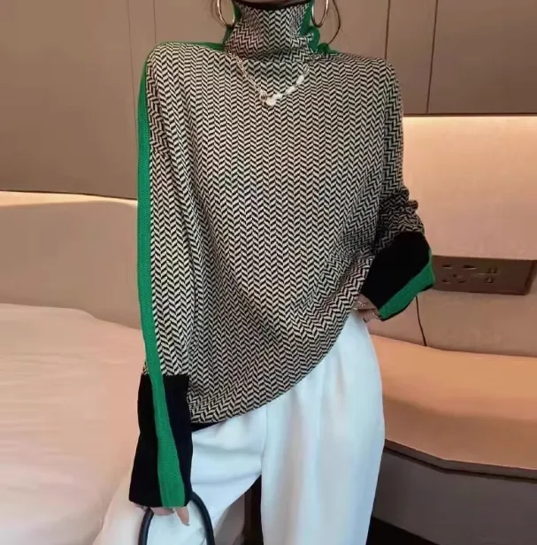 Plaid Jacquard Turtleneck Sweater Languid Base Knit Sweater For Women - Small Grid Green