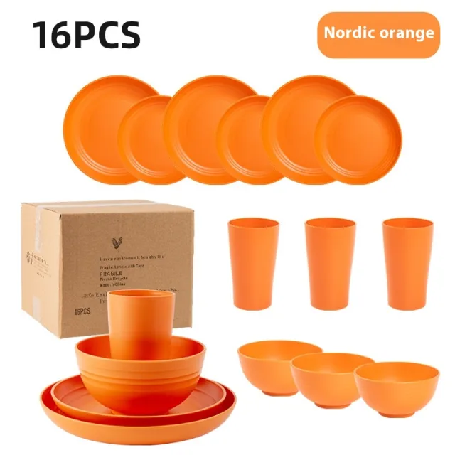 Creative Wheat Straw Plate And Bowl Cup Home Party Outdoor Picnic Drop resistant Suit Orange 16Pc Set - Shop at LoveMi