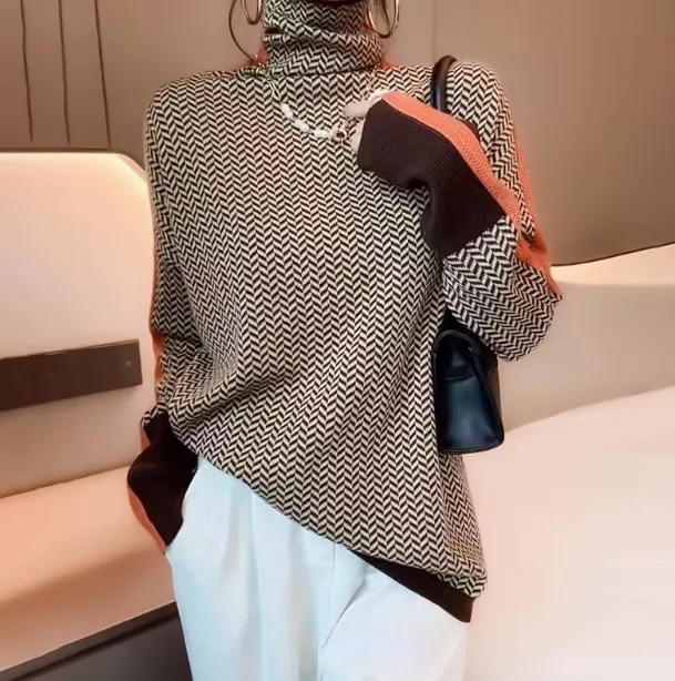Plaid Jacquard Turtleneck Sweater Languid Base Knit Sweater For Women Little Gege Orange - Shop at LoveMi