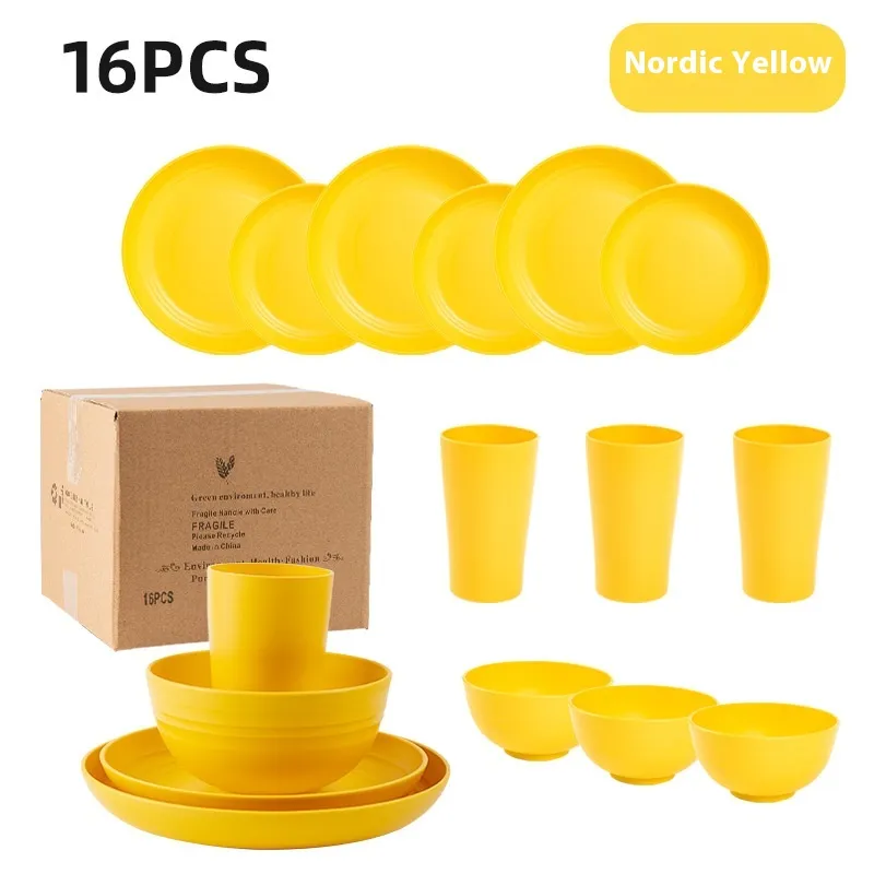 Creative Wheat Straw Plate And Bowl Cup Home Party Outdoor Picnic Drop-resistant Suit - Yellow 16Pc Set