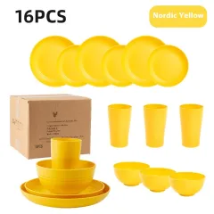 Creative Wheat Straw Plate And Bowl Cup Home Party Outdoor Picnic Drop-resistant Suit - Yellow 16Pc Set - View 1