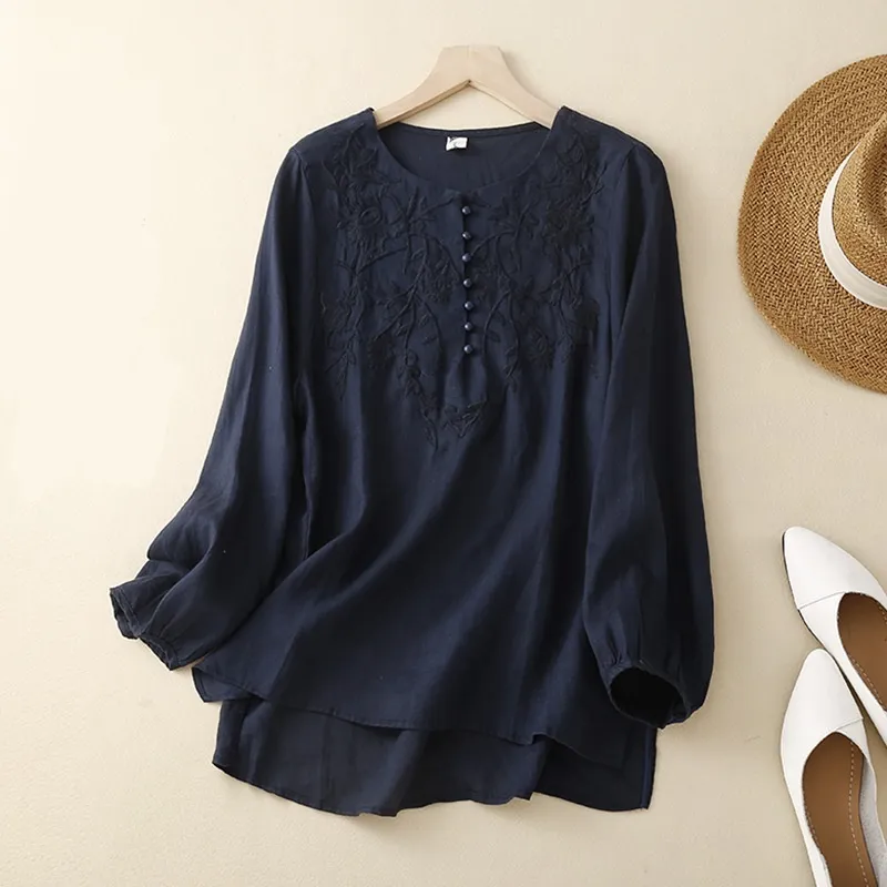 Embroidered Loose Artistic Vintage Women's Cotton Linen Shirt - Navy Blue