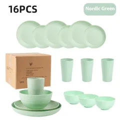 Creative Wheat Straw Plate And Bowl Cup Home Party Outdoor Picnic Drop-resistant Suit - Green 16Pc Set - View 1
