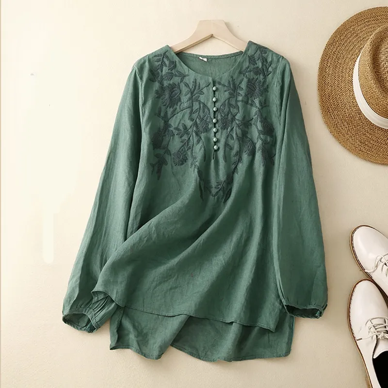 Embroidered Loose Artistic Vintage Women's Cotton Linen Shirt - Green