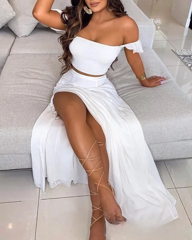 White Solid Color Tube Top Trousers Suit Dress White 02 - Shop at LoveMi