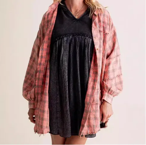Autumn And Winter New Women's Tassel Long sleeved Top Loose Casual Plaid Shirt Coat Women Pink - Shop at LoveMi