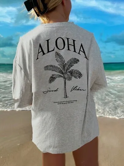 Women's Summer Palm Tree Print Wide Collar Pendant Short Sleeve Grey - Shop at LoveMi