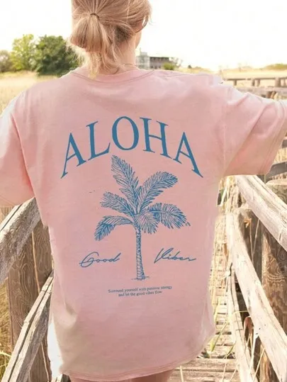 Women's Summer Palm Tree Print Wide Collar Pendant Short Sleeve Pink - Shop at LoveMi