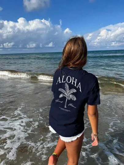 Women's Summer Palm Tree Print Wide Collar Pendant Short Sleeve Navyblue - Shop at LoveMi