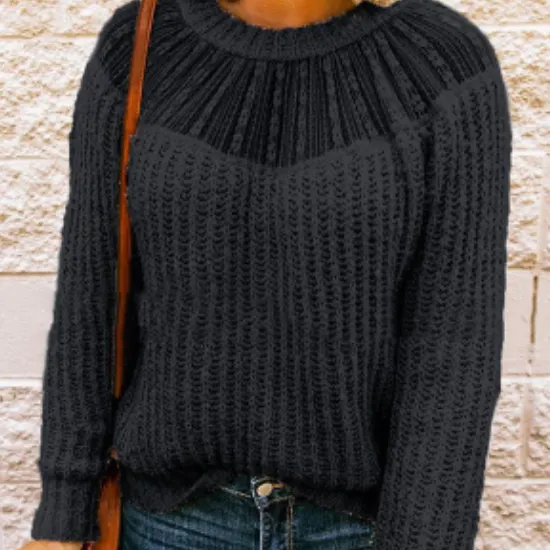 Autumn And Winter New Round Neck Lace Stitching Raglan Sleeve Sweater For Women - Black