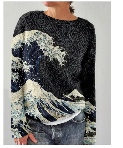 Women's Round Neck Multicolor Loose Fashion Pullover Sweater Black - Shop at LoveMi