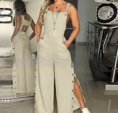 Women's Solid Color Sleeveless Side Pocket Casual Wide Leg Side Buckle Jumpsuit Apricot - Shop at LoveMi