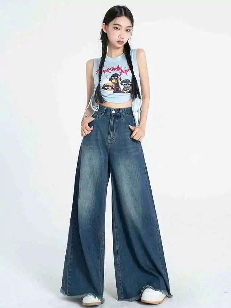 Black And Gray Rough-edge Wide-leg Shorts Mop Jeans - Blue