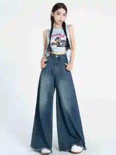 Black And Grey Rough-edge Wide-leg Shorts Mop Jeans - Retro Blue - View 1