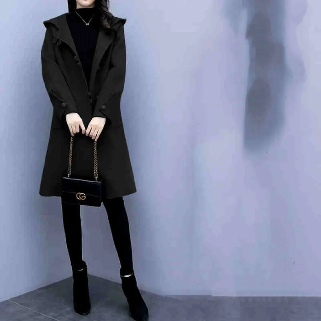 Hooded Retro Woolen Coat For Women - Black