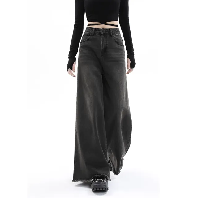 Loose High Waist Retro Raw Hem Wide Legs Jeans Gray Black - Shop at LoveMi